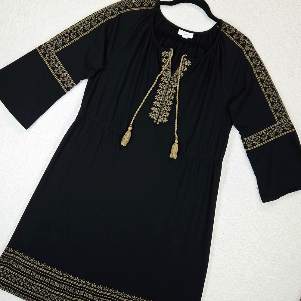 J. Jill Peasant Dress Womens Medium Black Gold Embroidered Tassel Bell Sleeve